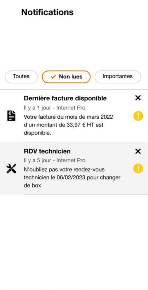 Orange Pro notification centre, unread filter