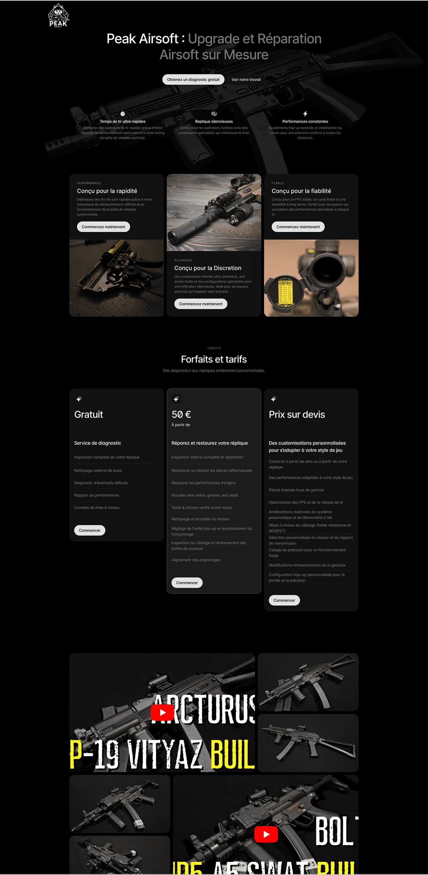 Peak Airsoft website, full scroll from hero to pricing