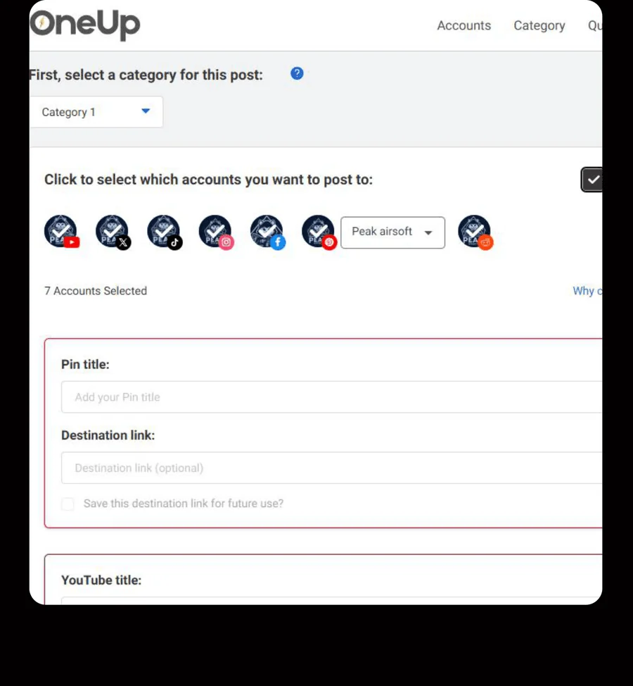 OneUp cross-posting setup for Peak Airsoft accounts