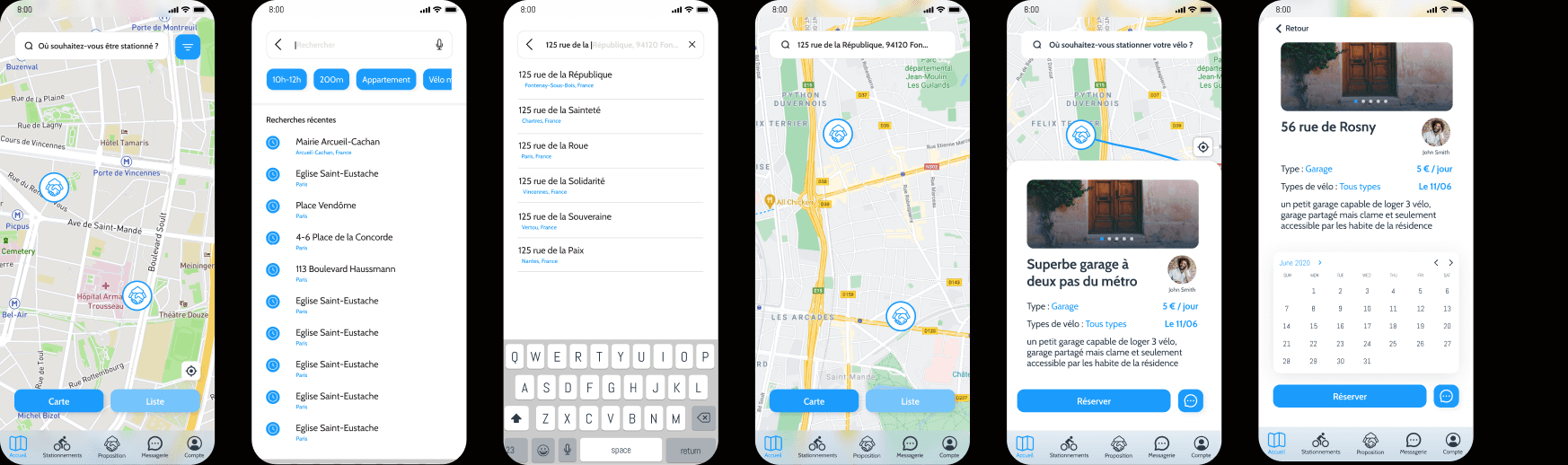 Velhome search-to-booking flow, six screens