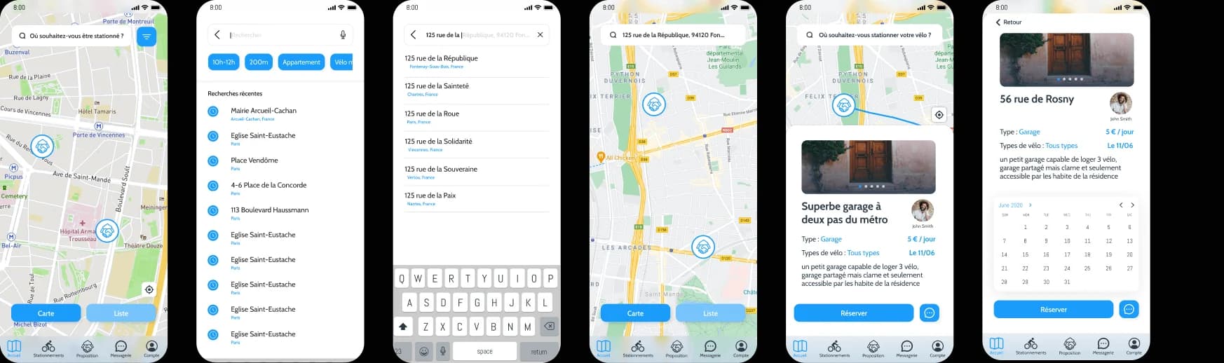 Velhome search-to-booking flow, six screens